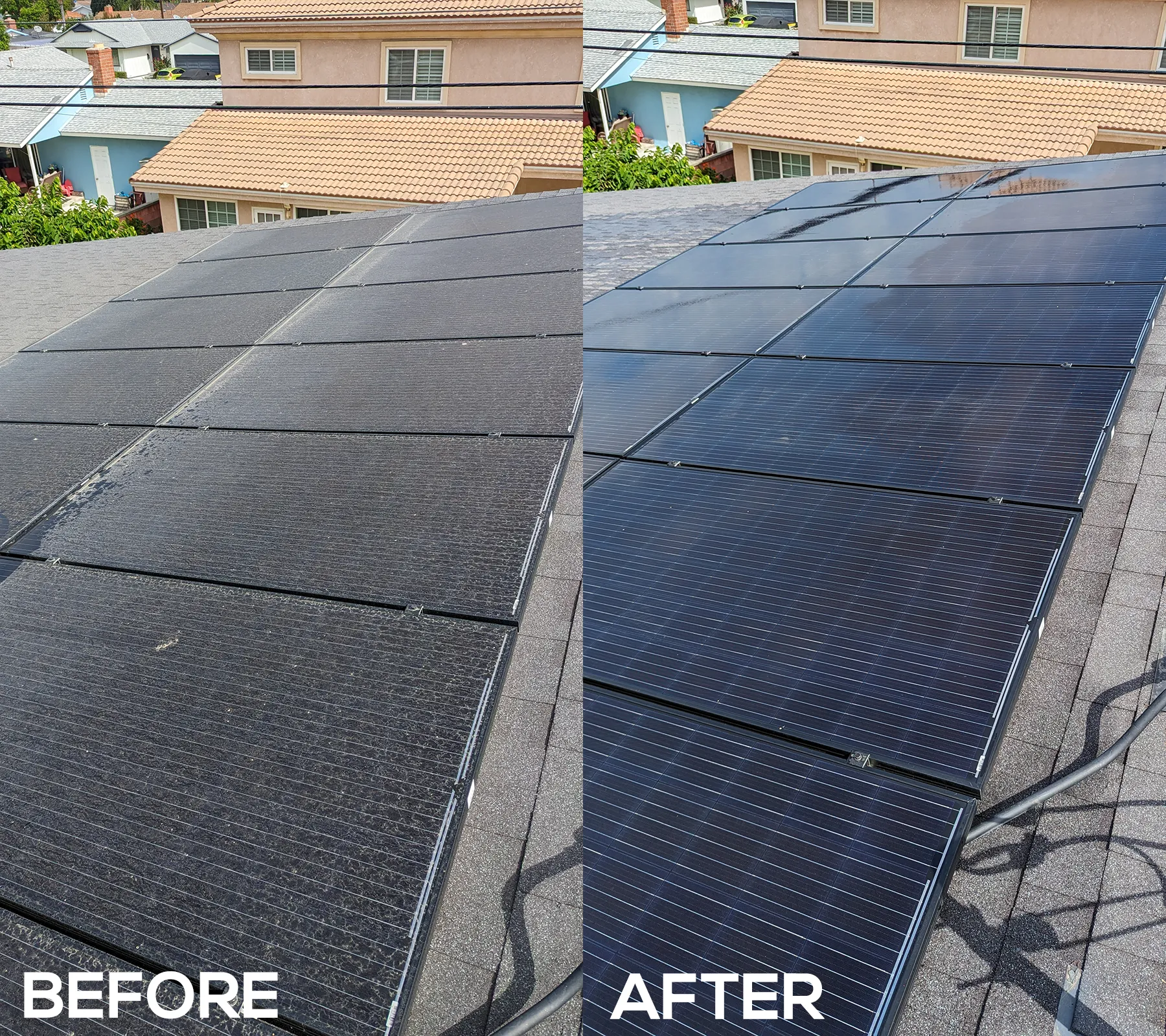 Comparison of Residential Solar Panels Before and After Cleaning